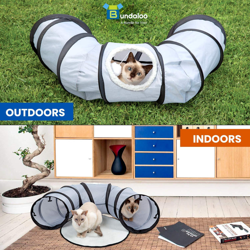 Bundaloo Cat Tunnel & Bed - Foldable, Portable for Indoor & Outdoor Activities - Lightweight, Durable Pet Accessories with Window, Dangling Pom Pom, Waterproof Base - Made for Small Pets - Washable - PawsPlanet Australia