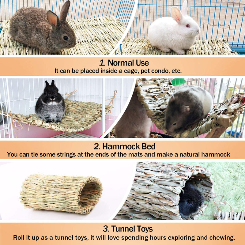 AOFITEE Rabbit Bunny Grass Mat, Natural Straw Woven Bed Mat for Small Animal, Grass Bedding Nest Chew Toy Bed Play Toy for Rabbit Guinea Pig Hamster Rat Parrot (Pack of 3/5) 3 Pack - PawsPlanet Australia