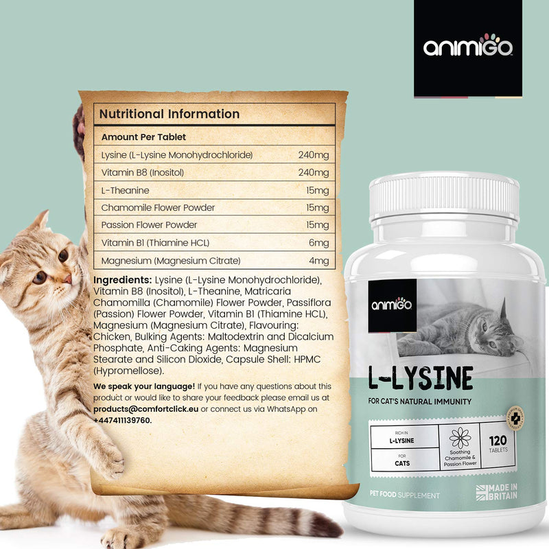 Animigo L-Lysine Tablets For Cats - 120 Tablets - Natural L-Lysine Cat Food Supplement For Immunity Support & Anxiety Relief - With Vitamin B Complex, Theanine, Magnesium & Chamomile - Made In UK - PawsPlanet Australia