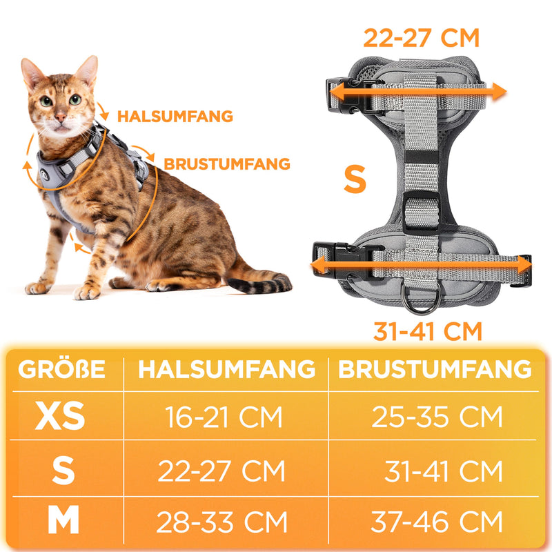 Tierhood - cat harness [WITHOUT PULLOVER] - incl. leash - for small & large cats - harness set with leash - harness - cat harness - cat harness with leash escape-proof (S, grey) S (neck circumference 22-27cm) (chest circumference 31-41cm) - PawsPlanet Australia