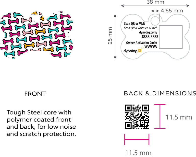 Dynotag Web/Location Enabled QR Code Smart, Deluxe Coated Steel Pet Tag - Play Series - Bone Bone Storm - PawsPlanet Australia