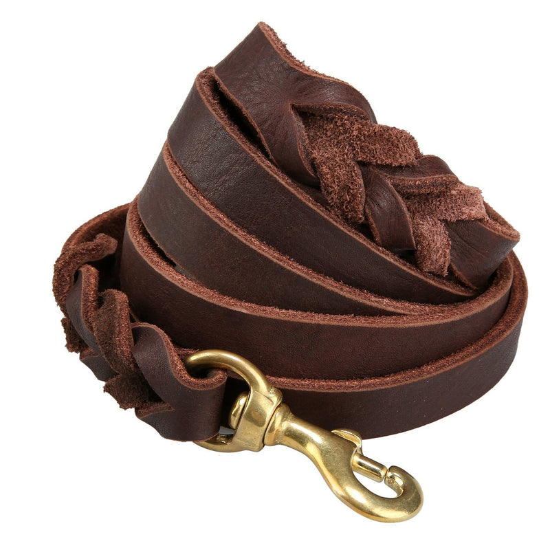 [Australia] - Dogs Kingdom Genuine Leather Braided Brown Dog Leash 4Ft/5Ft/7Ft/8.5Ft Best Lead for Large and Medium Dogs Training Walking 1/2"*5ft Brown/Gold hook 