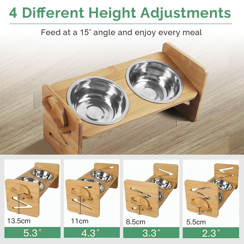 Geahod Elevated Stainless Steel Bowls for Cats and Small Dogs, Bamboo Elevated Dog Cat Food and Water Bowls Stand Feeder,Solid Bamboo Water Food Stand Feeder Set with 2 Stainless Steel Bowls - PawsPlanet Australia