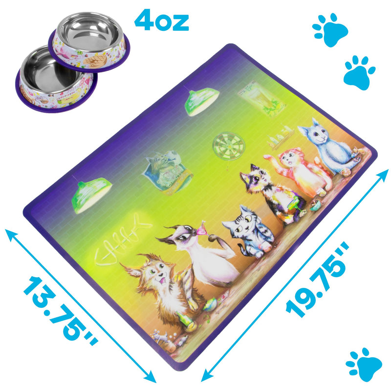 [Australia] - Weebo Pets 3-in-1 Cat Food & Water Bowls with Mat Set - Cat Tales: The Regulars Premium 4 oz. Stainless Steel Dishes with Food-Grade Silicone Feeding/Litter Box Mat 