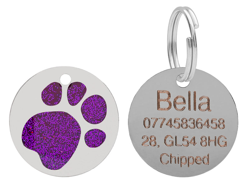 Quality Purple 25mm Glitter Paw Design Pet Id Tag, Dog, Cat, Free Engraving and P&P - PawsPlanet Australia