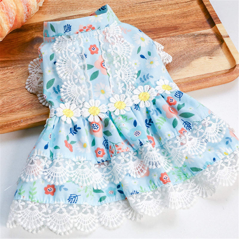 ABRRLO 2 Pack Dog Dress for Small Dogs Girl Summer Pet Clothes Cute Floral Lace Puppy Cat Princess Dress X-Small (Chest:9.45''-11.02'') Blue+White - PawsPlanet Australia
