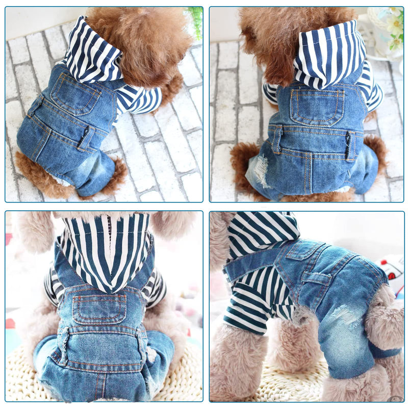 DOGGYZSTYLE Pet Dog Cat Hoodies Clothes Striped Pajamas Denim Outfits Blue Jeans Jumpsuits One-Piece Jacket Costumes Apparel Hooded Coats for Small Puppy Medium Dogs X-Small (Pack of 1) - PawsPlanet Australia