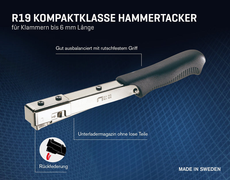 Rapid Hammertacker R19, impact tacker, light and compact, steel construction, for staples type 13, 4-6mm single box - PawsPlanet Australia