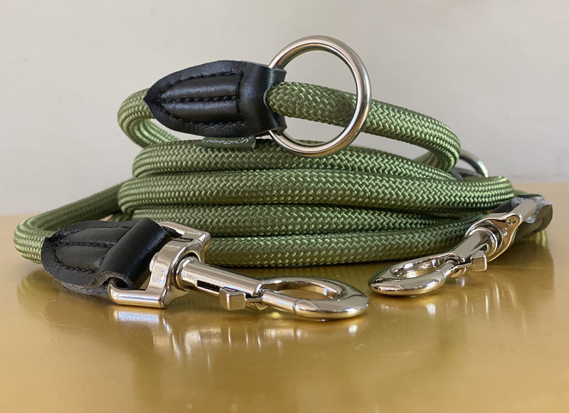 Quiet green dog leash 3m adjustable for large & medium dogs | Paracord leash | Nylon double leash with 2 carabiners | 3 meters long | Model Derby | Olive green Green Forest 3 m x 1.1 cm - PawsPlanet Australia