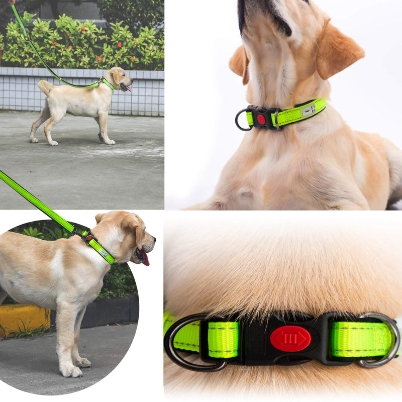 Reflective Dog Collar with Safety Locking Buckle，Heavy Duty Adjustable Thick Collar for Medium Large Dogs-Premium Nylon and Soft Padded (M, 11.8-15.7'') Medium/11.8-15.7'' Bright Green - PawsPlanet Australia