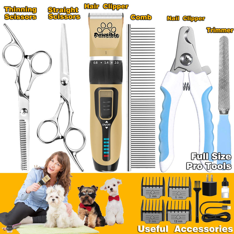 Pawsible Dog Clippers for Grooming - Dog Grooming Kit with Dog Hair Clippers, Dog Nail Clippers, Thinning & Straight Grooming Scissors - Dog Grooming Clippers with Battery Indicator - Dog Supplies - PawsPlanet Australia