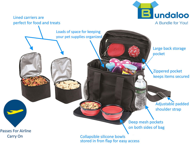 [Australia] - Bundaloo Dog Travel Bag Accessories Supplies Organizer 5-Piece Set with Shoulder Strap | 2 Lined Pet Food Containers, 2 Collapsible Feeding Bowls. Everyday Dogs Essentials 