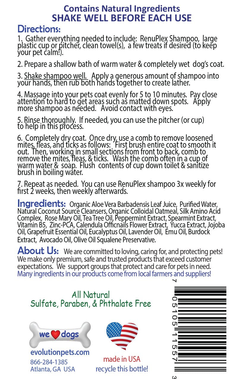 RenuPlex Medicated Dog Mange Shampoo. Extra Strength Mange Shampoo for Dogs Eliminates Mange, Dog Mites, Scabies. All Natural Dog Shampoo. Unconditional Guarantee. Made in USA - PawsPlanet Australia