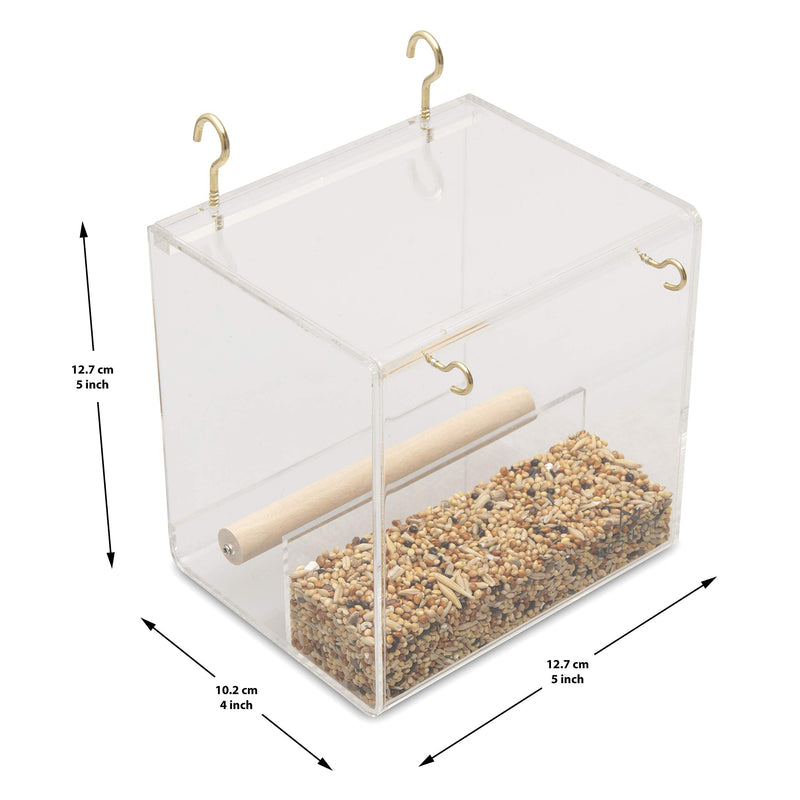 Apsilot No Mess Small Bird Feeder - Clear Acrylic Partitioned Feeding Dish for Budgie Cage with Seed Catcher Tray, Removable Wooden Perch and Mounting Hooks - Complete with Feed Scoop - PawsPlanet Australia