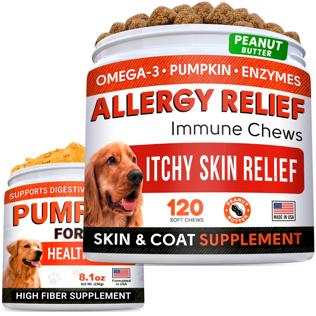 Allergy Relief Treats + Pumpkin for Dogs Bundle - Itchy Skin Relief + Upset Stomach - Omega 3 + Enzymes + Turmeric + Pure Pumpkin Powder - Skin & Coat Health + Digestion - 120ct + 8.1oz - Made in USA - PawsPlanet Australia