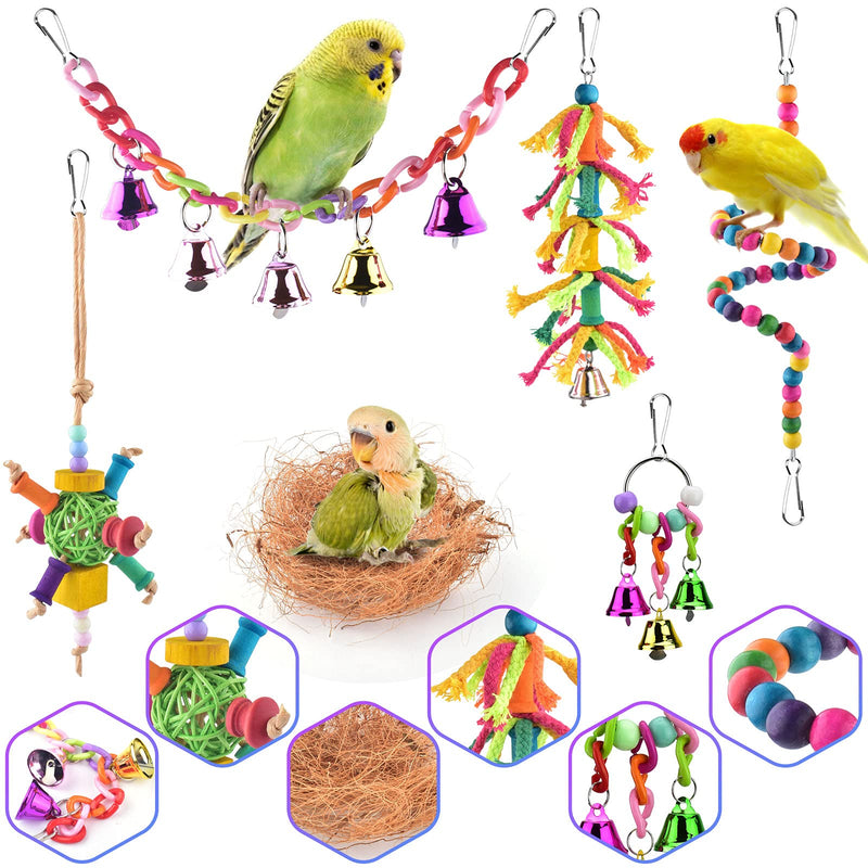 ERKOON Bird Parrot Toys, Hanging Natural Wooden Coconut Perch Birds House with Ladder, Stand Chewing Bell Pet Birds Cage Toy accessories Suitable for Parakeet, Conure, Cockatiel, Mynah?8 Pack? - PawsPlanet Australia