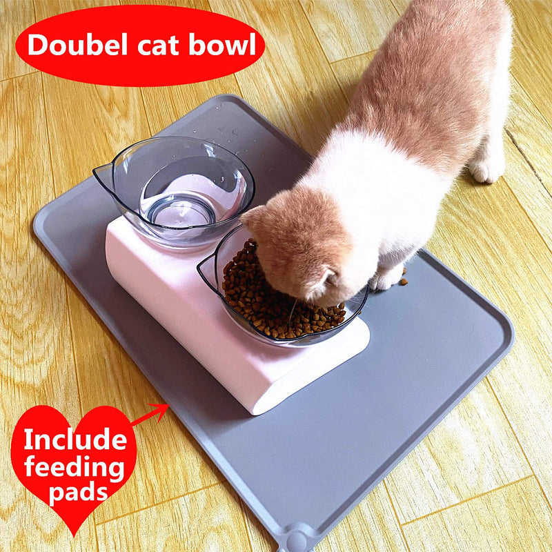 DMSELL (3 Pcs) Cat Bowls/Dog Bowls With Food Scoop and Silicone Pet Feeding Mat, 15°Tilted Double Cat Bowls with Raised Stand, Protect Pets Cervical Vertebra, Transparent Cat Food and Water Bowl Clear+Clear(3 PCS) - PawsPlanet Australia