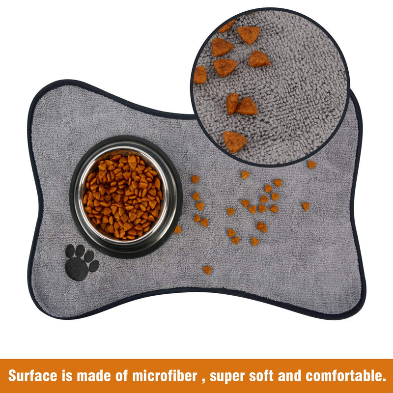 SINLAND Microfiber Pet Food Mat Super Water Absorbent Dog Feeding Mat Anti-Slip Pet Bowl Mat with Anti-Skid Backing 11.8 Inch x 17.7 Inch Grey Bone shape - PawsPlanet Australia