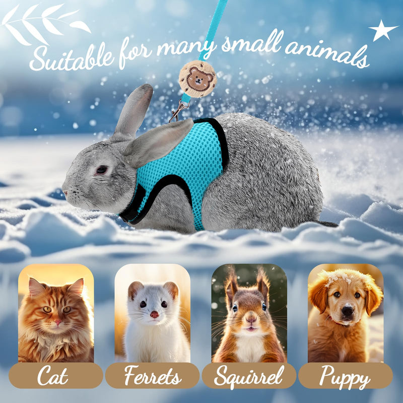 Bunnycool Rabbit Harness and Leash Set with 2 Cute Decorations Soft Adjustable Buckle Breathable Mesh Vest Harness for Rabbits Ferret Small Pig Puppy Walking Supplies(Light Blue, Lively Pattern) Light Blue - PawsPlanet Australia