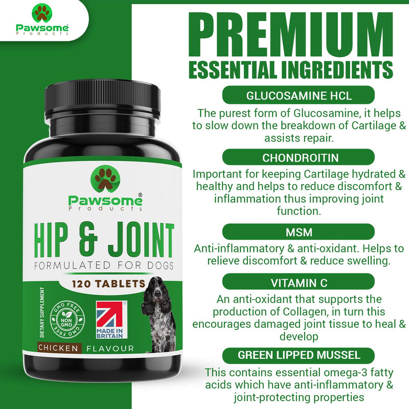 Pawsome Products Hip and Joint Supplement for Dogs with Glucosamine, Chondroitin, Green Lipped Mussel, MSM, Curcumin, Hyaluronic Acid, Manganese & Vitamin C - 120 Chicken Flavoured Chewable Tablets - PawsPlanet Australia