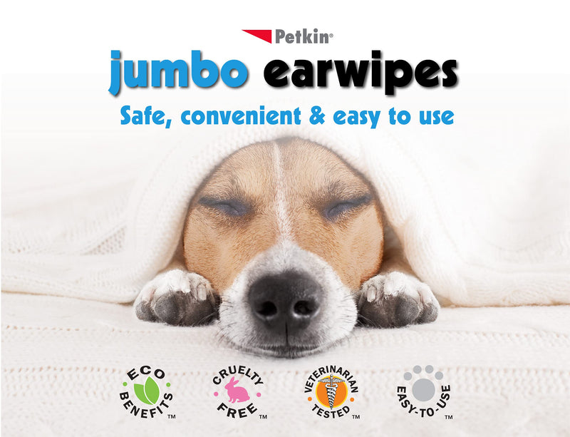 Petkin Jumbo Pet Ear Wipes, 80 Extra Moist Wipes - Soothing & Deodorizing Pet Ear Cleaner to Remove Dirt, Odor, & Wax-Safe, Convenient, & Easy to Use Pet Wipes for Dogs, Cats, Puppies & Kittens 1 Pack - 80 wipes - PawsPlanet Australia