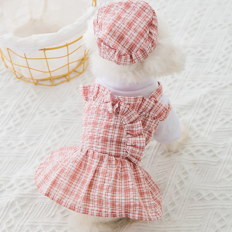 Dog Dresses for Small Dogs, Puppy Dog Princess Dress 2 Pieces Cute Pet Plaid Skirt with Hat Party Apparel Outfit Pink+Blue - PawsPlanet Australia
