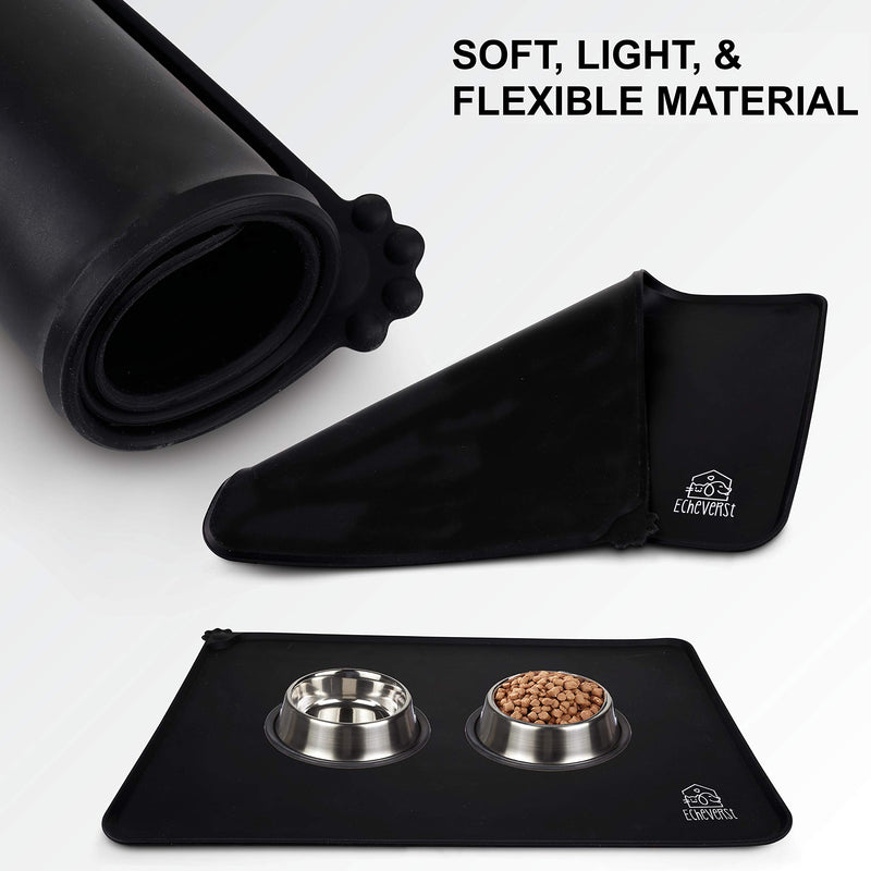 [Australia] - Echeverst Dog & Cat Food Mat | Waterproof Silicone Pet Feeding Tray with Edges Lip | Dish Placemat for Bowl Food and Water 11.8" x 18.9" Black 