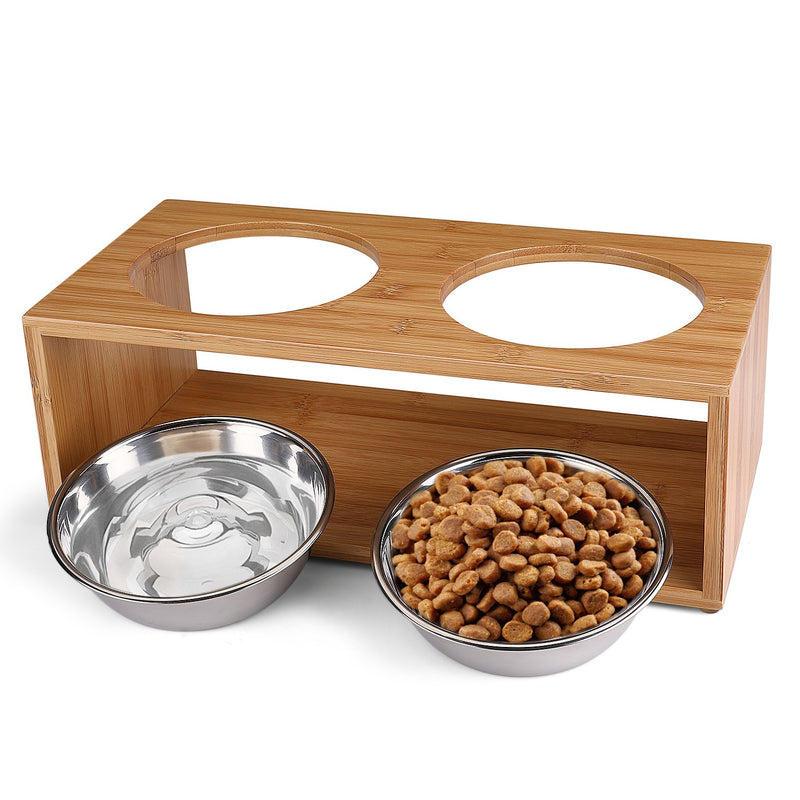 Flexzion Elevated Raised Dog and Cat Pet Feeder Bowls - Raised Stand Feed Station Tray Waterer with 2 Stainless Steel Bowl Dish For Dog Cat Food and Water (14 Oz, 4.7" Tall) Modern Bamboo Style 396.9 g (Pack of 1) - PawsPlanet Australia