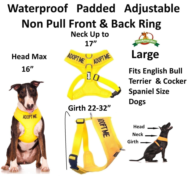 [Australia] - Dexil Limited Adopt ME (I Need A New Home) Yellow Color Coded Non-Pull Front and Back D Ring Padded and Waterproof Vest Dog Harness Prevents Accidents by Warning Others of Your Dog in Advance Large Harness 22-32inch Chest/Girth 