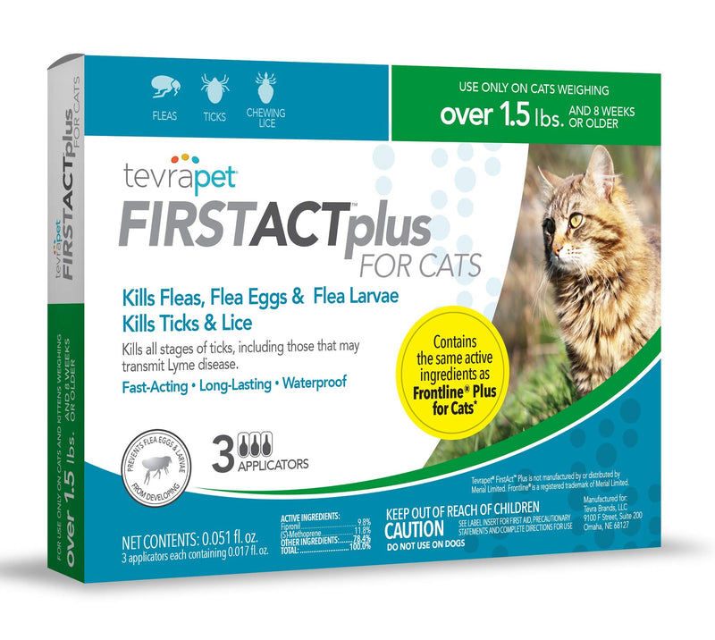 TevraPet FirstAct Plus Flea and Tick Prevention for Cats 1.5 lbs and Over | Waterproof | Fast Acting Treatment 3 Doses - PawsPlanet Australia