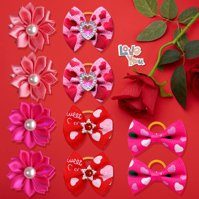 Mruq pet 80pcs Valentine's Day Dog Hair Bows, Bulk Holiday Pink and Red Dog Grooming Bows, Rhinestone Pearl Samll Dog Flower Bows with Rubber Bands for Festival Puppy Dog Hair Accessories A105+HA010+A019-80 - PawsPlanet Australia