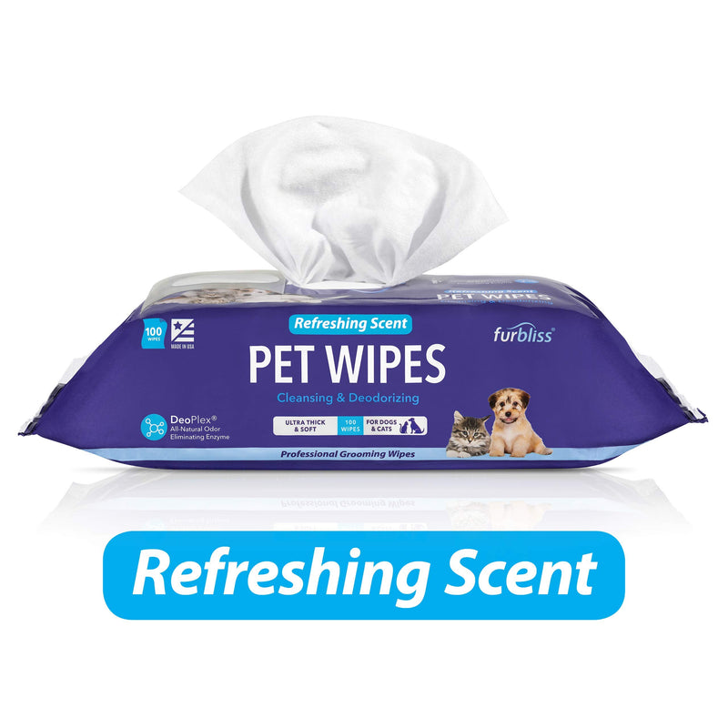 Furbliss Hygienic Pet Wipes for Dogs & Cats, Cleansing Grooming & Deodorizing Hypoallergenic Thick Wipes with All Natural Deoplex Deodorizer by Vetnique Labs Refreshing Scent 100ct Pouch - PawsPlanet Australia