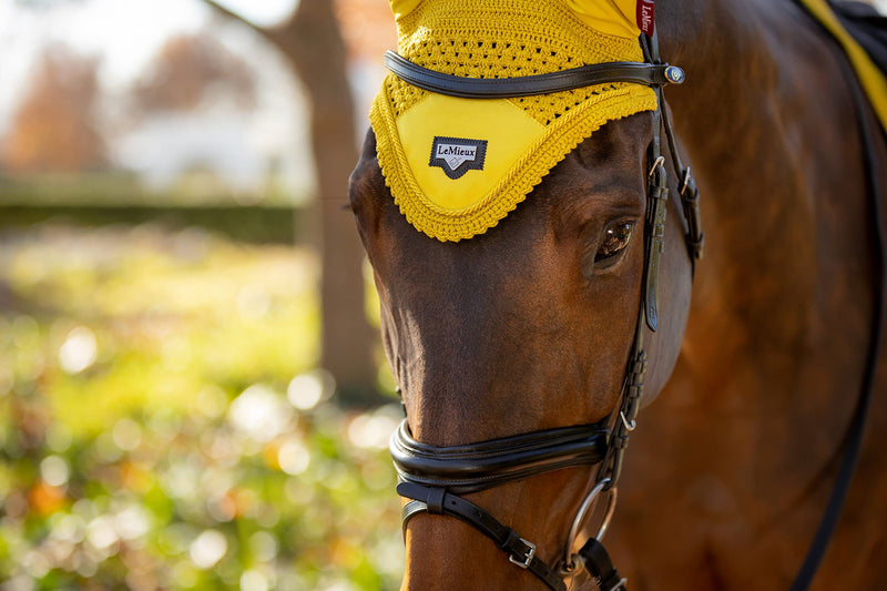 LeMieux Loire Crochet Fly Hood with Comfortable Lycra Ears in Dijon - Luxurious Satin Fabric Front Piece - Medium M - PawsPlanet Australia