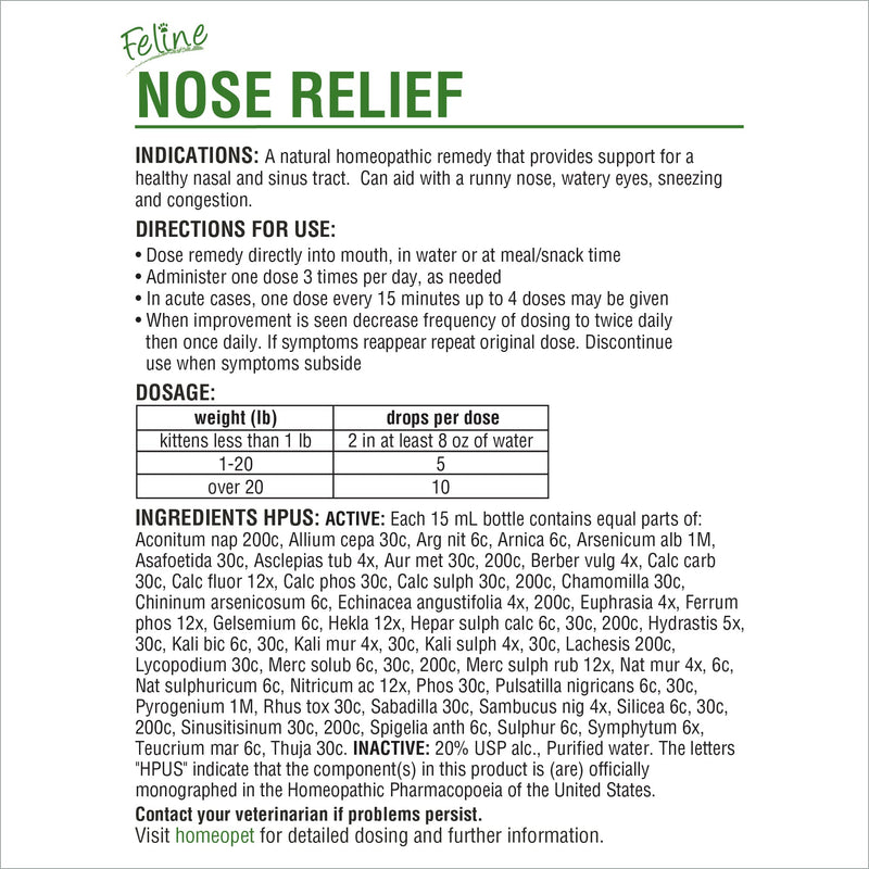 HomeoPet Feline Nose Relief Natural Pet Medicine, Nasal and Sinus-Tract Support for Cats of All Ages, 15 Milliliters One Size - PawsPlanet Australia