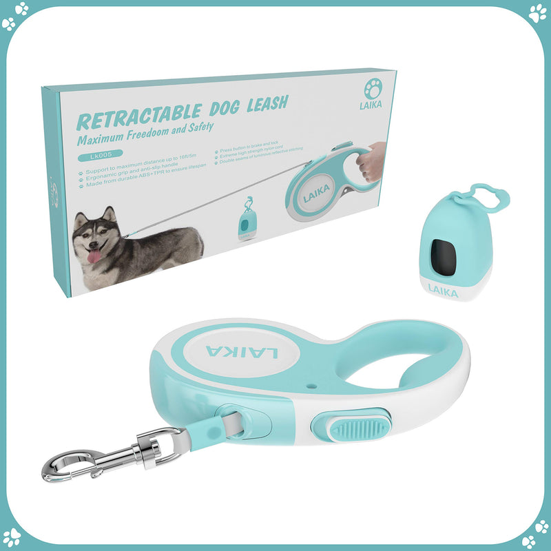 [Australia] - LAIKA Retractable Dog Leash with Waste Bag Dispenser, Tangle-Free 16ft Heavy Duty Durable Dog Walking Leash for Medium Large Breed Dogs Up to 110lbs - Reflective Stitching Nylon Ribbon Blue 