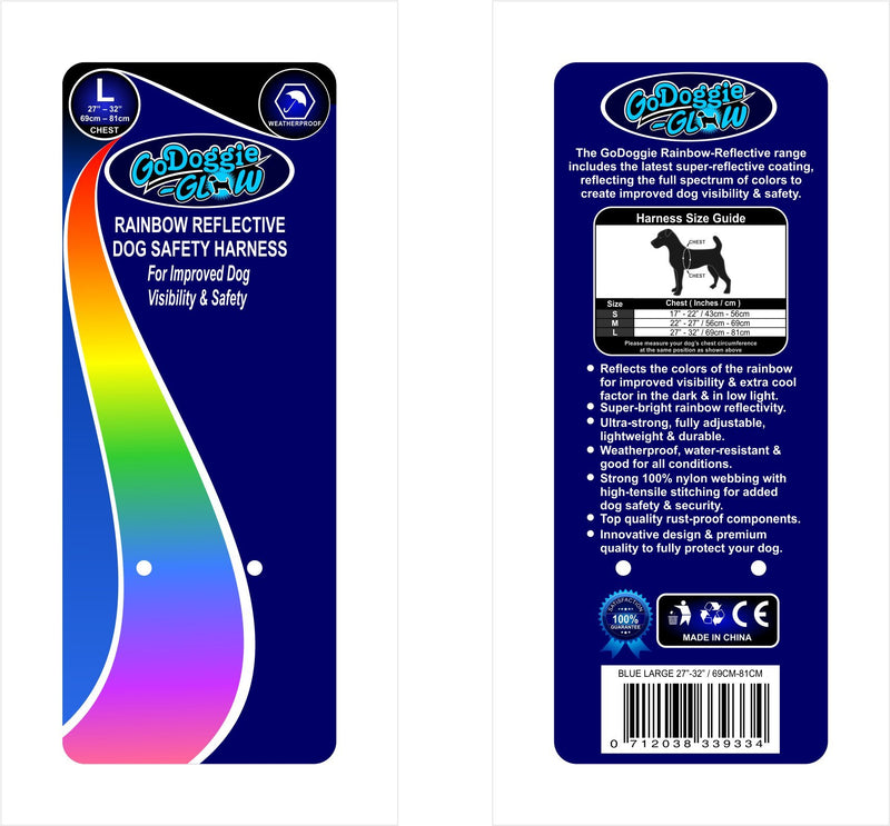 GoDoggie Rainbow Reflective Dog Safety Harness, Light-Responsive, Colour-Changing, Bright, Improves Dog Visibility and Safety, 5 Colours, 3 Sizes, Premium Quality, Full Guarantee - Blue L LARGE (CHEST) : 69cm (27") to 81cm (32") - PawsPlanet Australia