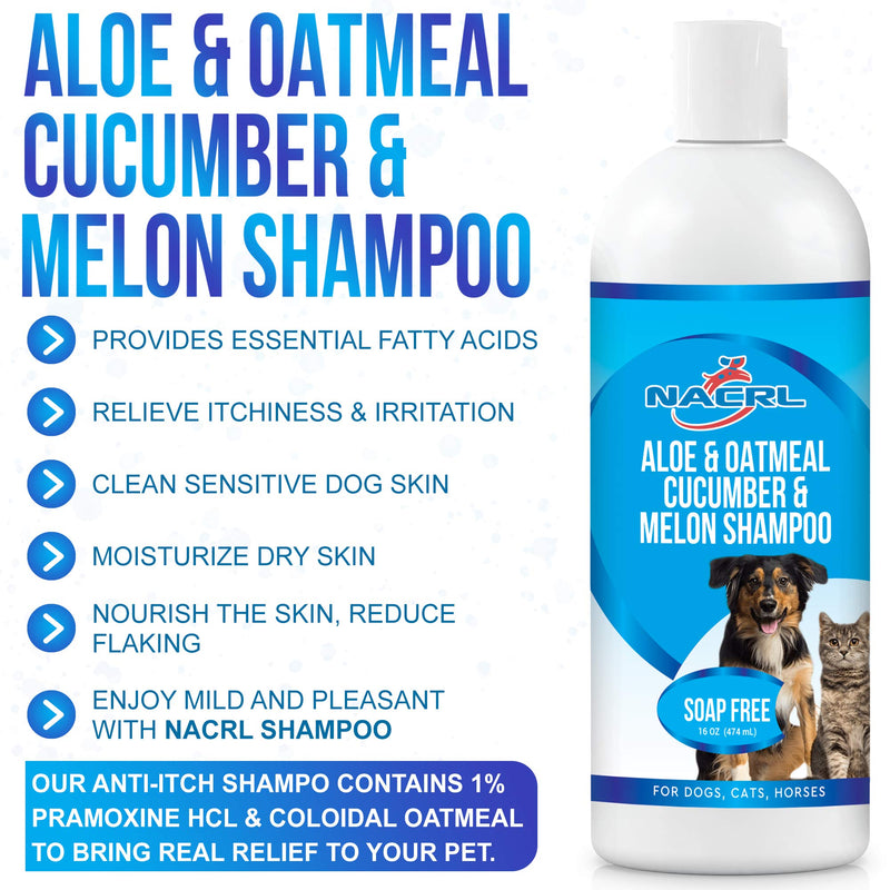 NACRL Oatmeal Soap Free Shampoo for Dogs with Soothing Aloe Vera & Cucumber Essence & Ripe Melon Extract, Suitable for All Pets, Hypoallergenic, Formula Provides Relief from Dry, Itchy Skin, 16 Oz - PawsPlanet Australia