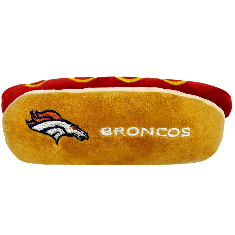 Pets First NFL Denver Broncos HOT Dog Plush Dog & CAT Squeak Toy - Cutest HOT-Dog Snack Plush Toy for Dogs & Cats with Inner Squeaker & Beautiful Football Team Name/Logo, 8 x 5 x 3 Inches (DEN-3354) - PawsPlanet Australia