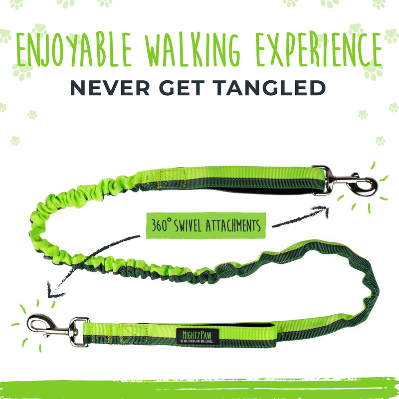 Mighty Paw Hands Free Bungee Leash 2.0 | 4’ Dog Lead W/ Dual Padded Traffic Handles for Running, Hiking & Jogging. Wearable Belt (27-48” Waistband) W/ 2 Attachment Loops. Pets Up to 150lb Green - PawsPlanet Australia