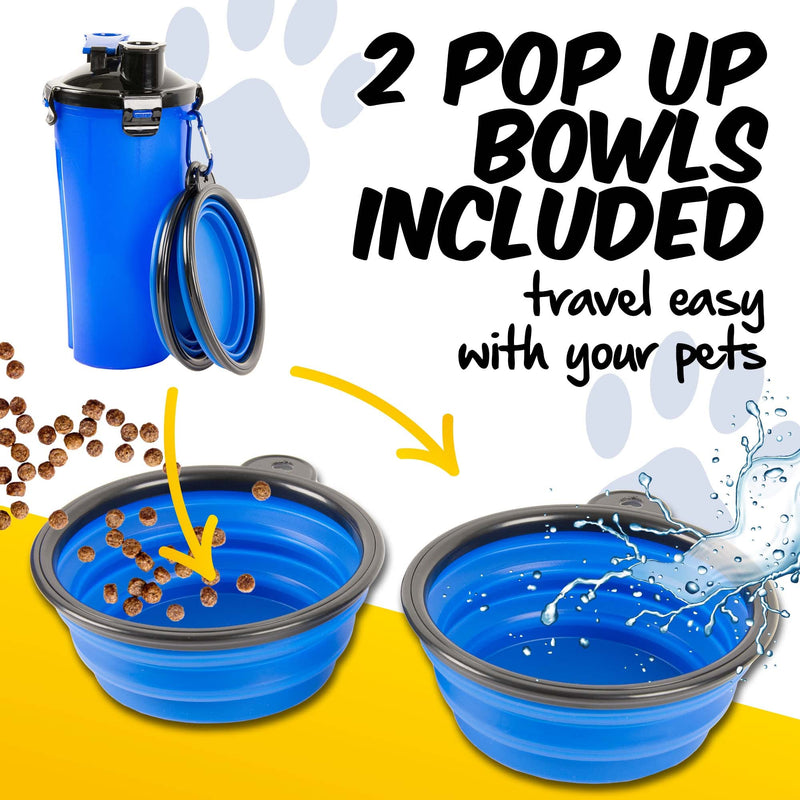 PawPride Dog Water Bottle - 2 in 1 Portable Dog Water and Food Bottle with 2 Collapsible Pop-up Bowls, Leakproof Bottle with 2 Compartments for Travel, Camping, Hiking - PawsPlanet Australia