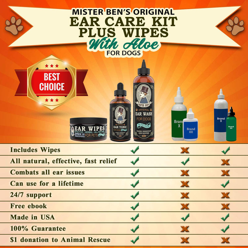 MISTER BEN'S Original Ear Care Kit + Wipes for Dogs - Most Effective Dog Ear Cleaners - Includes Tonic, Wash & Wipes - Fast Relief from infections, itching, Odors, Bacteria, Mites, Fungus & Yeast - PawsPlanet Australia