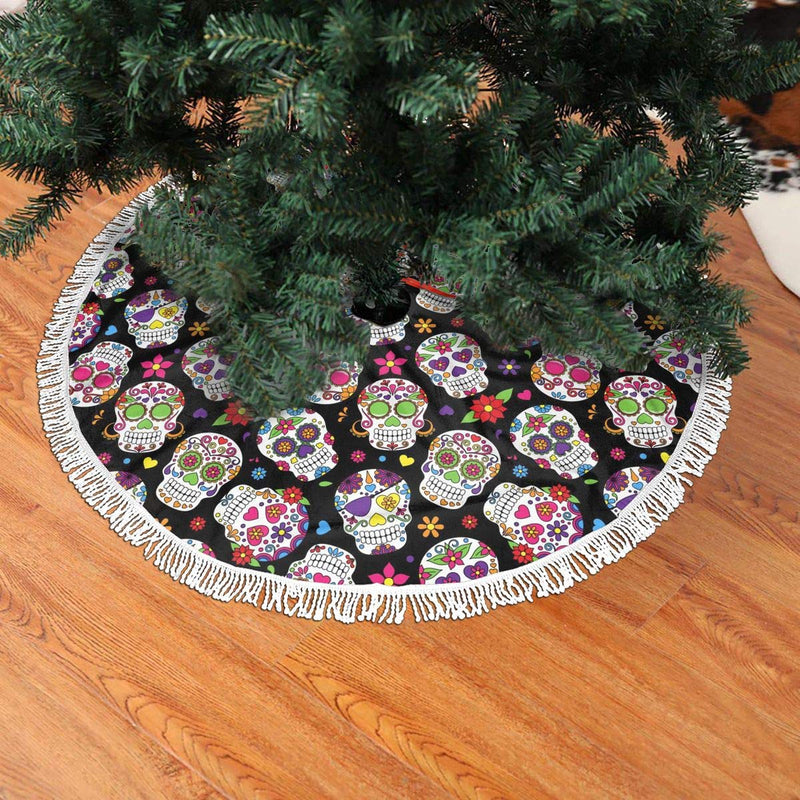 MSGUIDE Sugar Skull Christmas Tree Skirt with Tassel, Xmas Tree Mat Base Cover Christmas Ornament for Festive Holiday Party Decoration(48inch) - PawsPlanet Australia