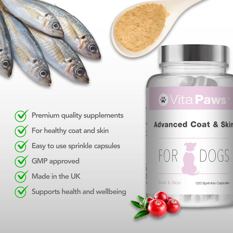 Advanced Coat & Skin Remedy for Dogs | Supplement Formulated for Dry, Itchy Skin or Dull Coats | Rich in Fish Oil, Flaxseed Oil & Biotin | 120 Sprinkle Capsules for Fussy Pets | UK Manufactured - PawsPlanet Australia