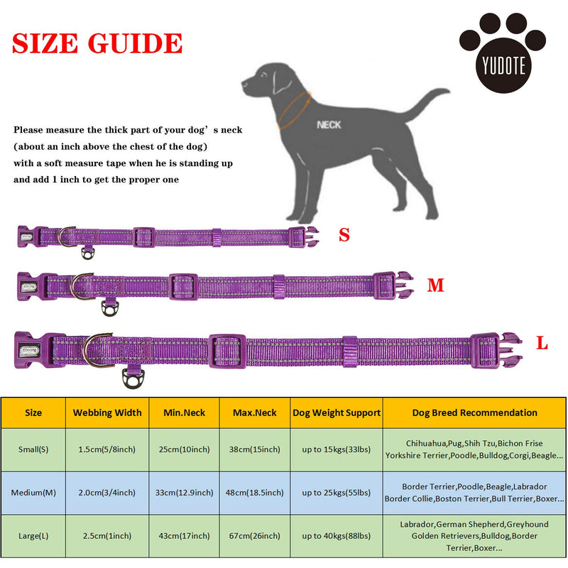 YUDOTE Dog Collar Medium Strong Reflective Nylon Webbing with Soft Comfy Neoprene Padded Linning for Medium Dogs Daily Use,Vibrant Purple M: adjustable 33-48cm; 2.0cm Wide Vibrant Purple - PawsPlanet Australia