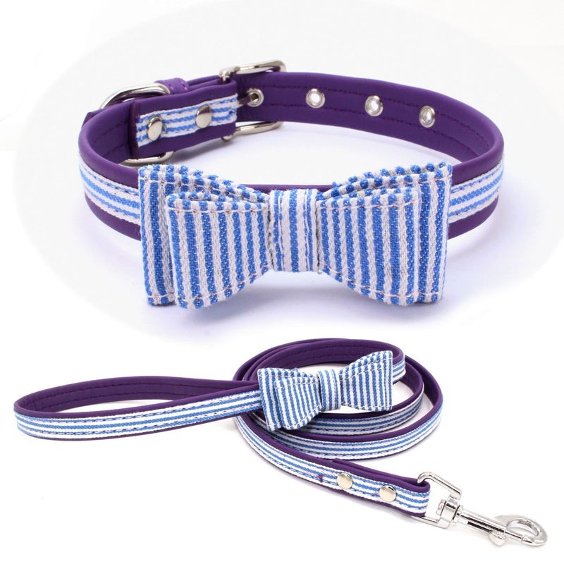 Mcdobexy Dog Collar with Bowtie,Soft and Comfortable,Cute Grip/Stripe Plaid Adjustable Cat Collar Lead 120cm*1.5cm Blue Stripes - PawsPlanet Australia