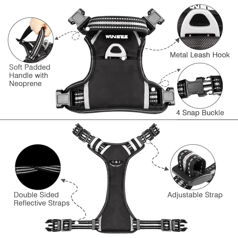 WINSEE Dog Harness No Pull, 4 Snap Buckles Pet Harness with 2 Leash Clips, Adjustable Soft Padded Dog Vest, Reflective Pet Oxford Walking Vest with Easy Control Handle, NO Need Go Over Dog’s Head S（Neck : 16-20.5" , Chest: 17-26"） Black - PawsPlanet Australia