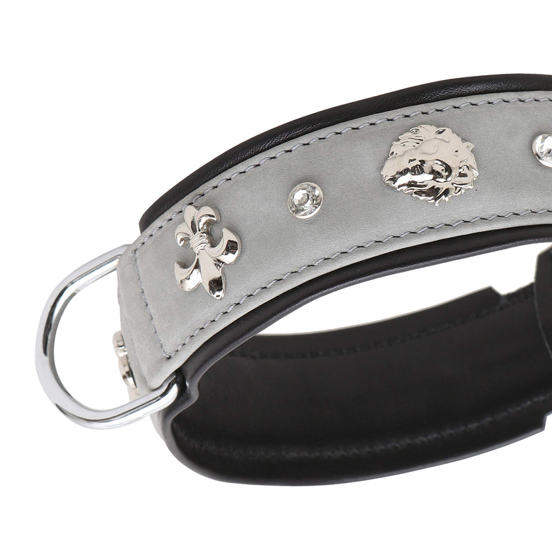 MICHUR Leon dog collar leather, dog collar, dog collar, gray-black, LEATHER, with lilies, rhinestones and lion's head application Neck circumference 18,50-20,87" - PawsPlanet Australia