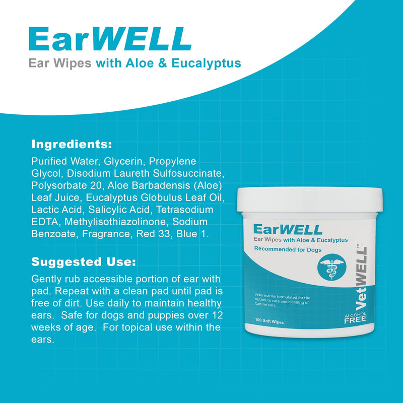 VetWELL Dog Ear Wipes - Otic Cleaning Wipes for Infections and Controlling Ear Infections and Ear Odor in Pets - EarWELL 100 Count - PawsPlanet Australia