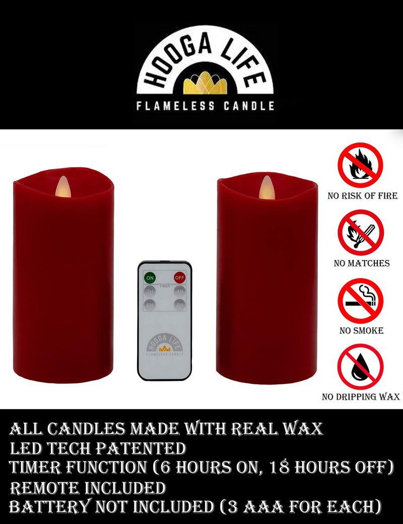 Gift Package 2 Pieces Red Flameless Candles (D 3" x H 6") Flickering Flame Effect, LED Pillar Candles Battery Operated Real Wax with Timer Function and Remote Red | D 3" X H 6" - PawsPlanet Australia