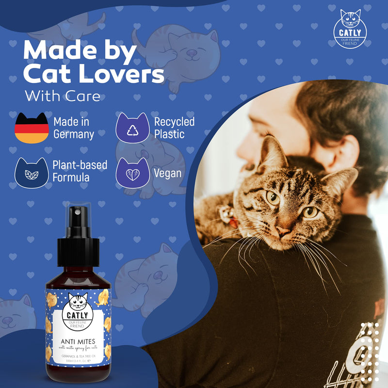 Catly Anti Mite Spray - Cat Spray For Mites: Tea Tree Oil & Lavander Oil For Cat Mites Treatment & Cat Hair Treatment - Alternative For Cat Dry Shampoo & Cat Comb, 100ml - PawsPlanet Australia